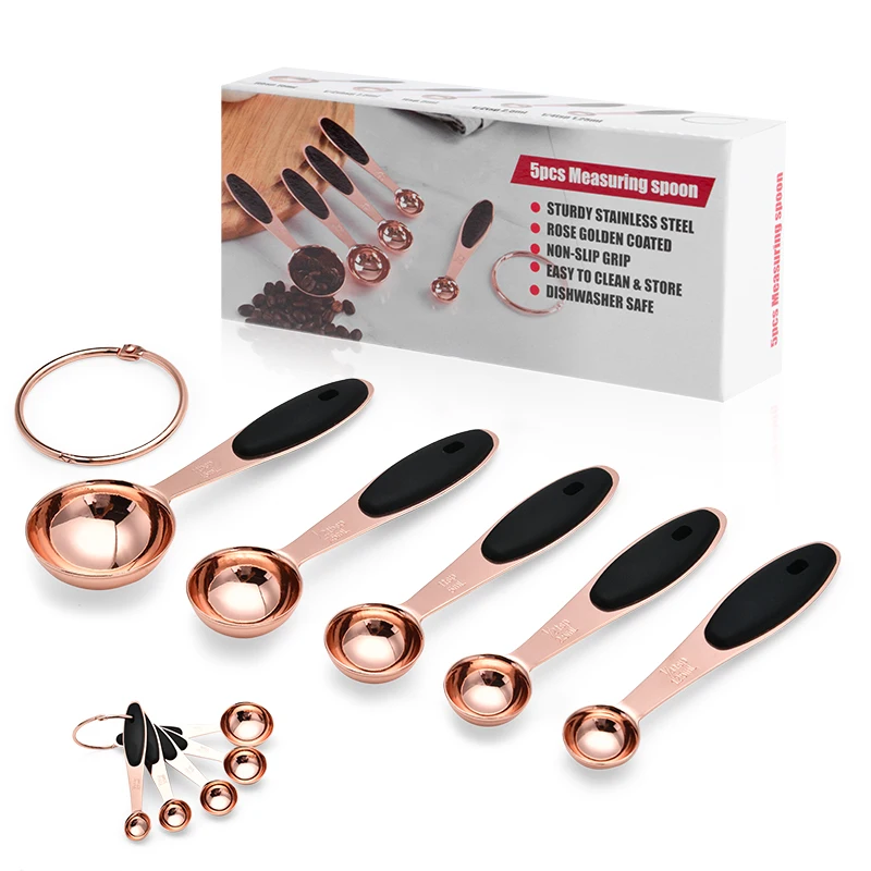 

5pcs/set Rose Gold Copper Measuring Spoons Stainless Steel with Wood Handles Tea Coffee Measure Cooking Scoops