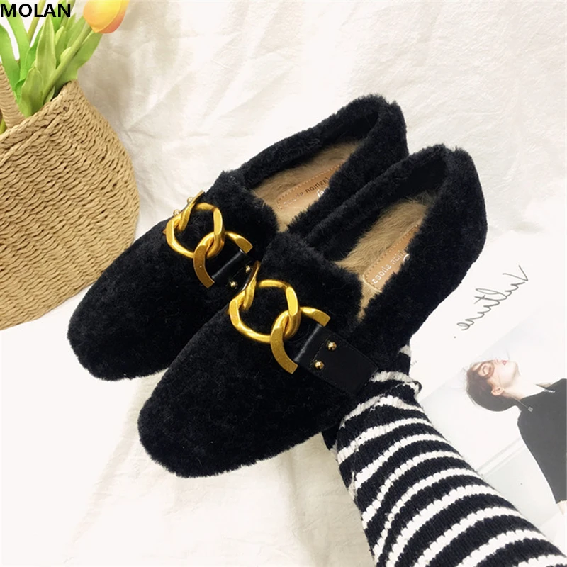 

MOLAN Brand Designers 2018 Winter Superstar Golden Metal Chain Soft Warm Rabbit Hair Woman Flats Suede Lady Shoes Black Caramel
