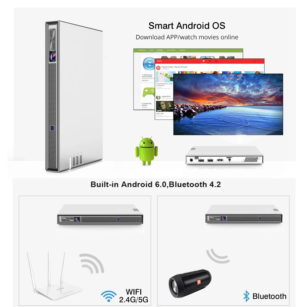 Vivicine T5 4 k جهاز عرض صغير ، الروبوت 6.0 بلوتوث 4.2 ، 4000 mAh بطارية ، الذكية HDMI USB PC لعبة المحمول Proyector متعاطي المخدرات