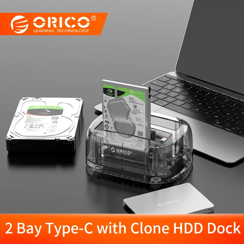 

ORICO 2.5/3.5inch 2 Bay Transparent Type-C External Hard Drive Docking Station with Offline Clone Function Support 24TB Max UASP