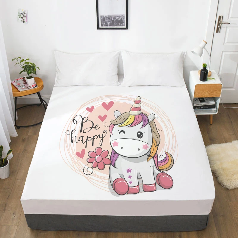 

3D HD Digital Printing Custom Bed Sheet With Elastic,Fitted Sheet Twin Queen King,Mattress Cover 160x200,Cartoon Cute unicorn