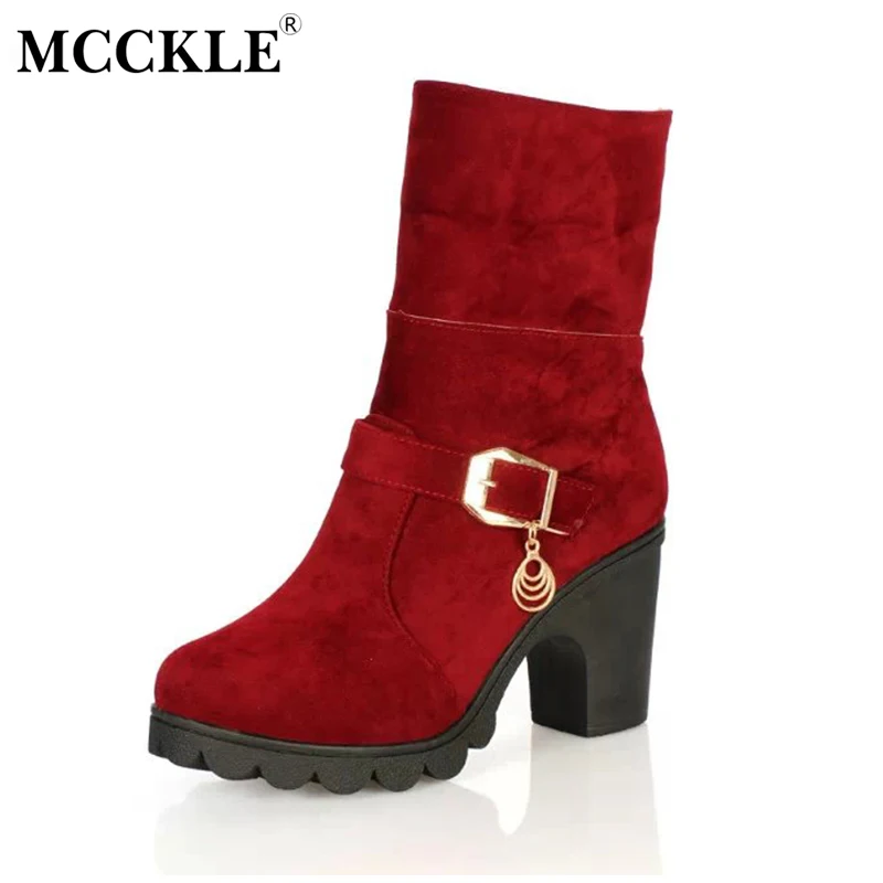 

MCCKLE Female Two Ways Winter Warm Plush Zip Ankle Snow Boots 2017 Women's Buckle Metal Pendant Thick Heel Style Solid Shoes
