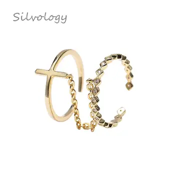 

Silvology 925 Sterling Silver Chain Cross Zircon Open Rings Gold Creative Combination Elegant Female Rings 925 Silver Jewelry
