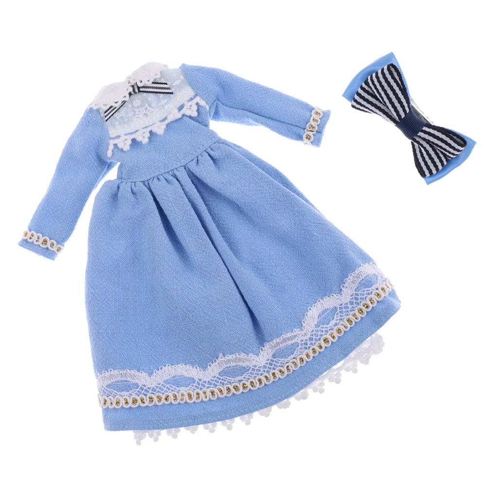 Light Blue Skirt Dress Hairclip Clothing for 1/6 Fashion Doll Neo Azone Licca Dolls Accessories