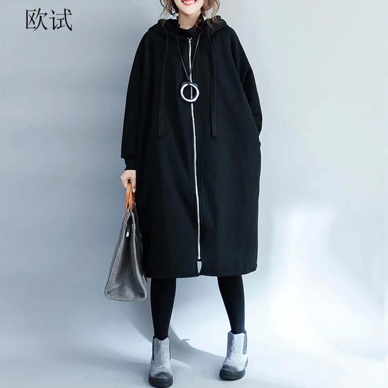 

Plus Size Women Winter Fashion Hooded Long Trench Coat Solid Zipper Velvet Overcoat Casual Loose Hoodies Ladies Coats 5XL 2019