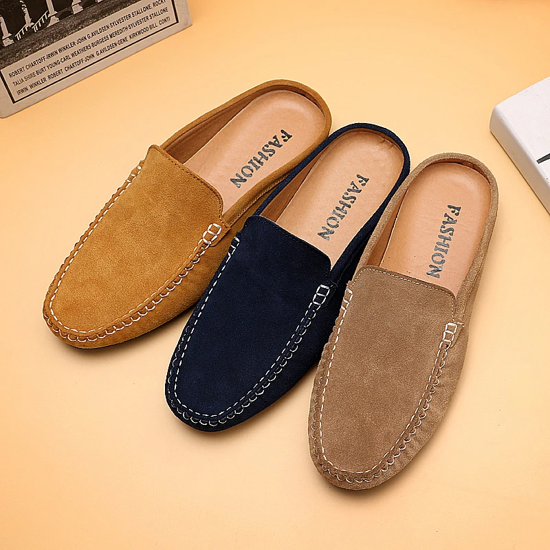 

Summer Men Flats Leather Sneakers Half Drag Slippers Man Suede Leather Loafers Footwear Male Casual Boat Shoes Designer Men Shoe