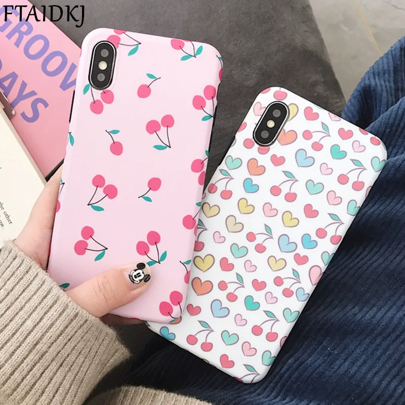 

FTAIDKJ Cute Cartoon Fruit Cherry Heart Case For iPhone XS Max 6 6S 7 8 Plus XR 10 X Retro Floral Flower Soft IMD TPU Back Cover