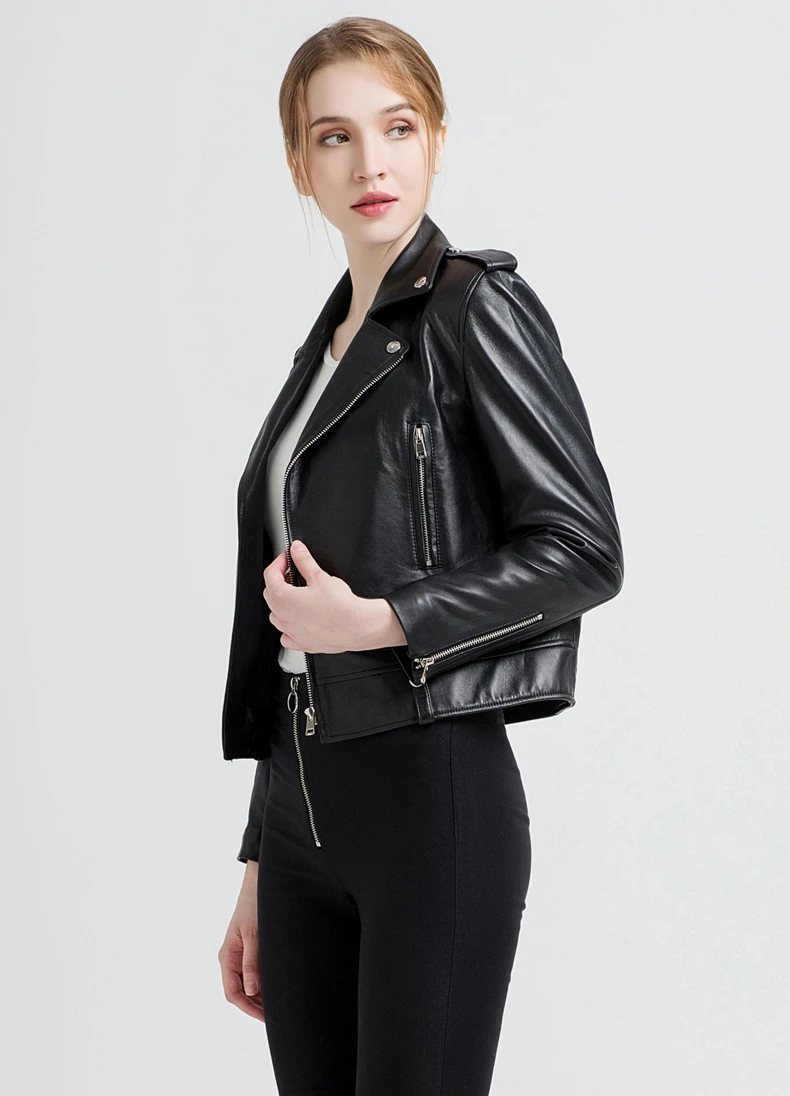 Gours Для женщин Кожаные куртки Женская мода Короткие мотоциклетная куртка черный классический в стиле панк Женская дубленка 1619