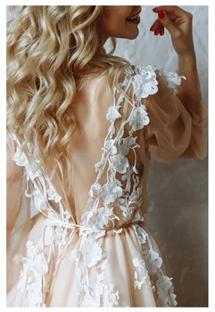 

new Princess Wedding Dress Champagne Appliqued with Flowers Tulle Puff Sleeve Boho Wedding Gown V Neck Bride Dress