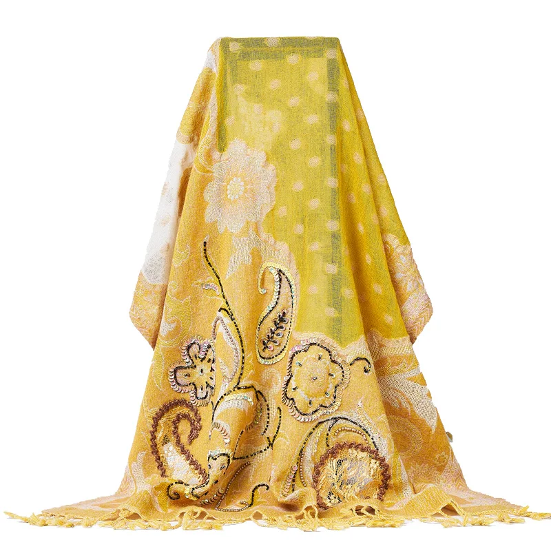 Indian handmade beaded embroidered paisley pattern Nepal boiled wool scarf shawl warm bright yellow 1 order= 1 pc