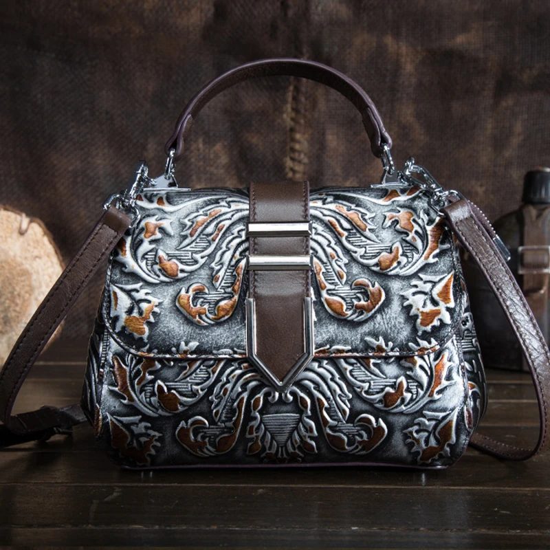 

Women Genuine Leather Messenger Shoulder Tote Handbag Embossed Brush Color Female High Quality Vintage CrossBody Top Handle Bags