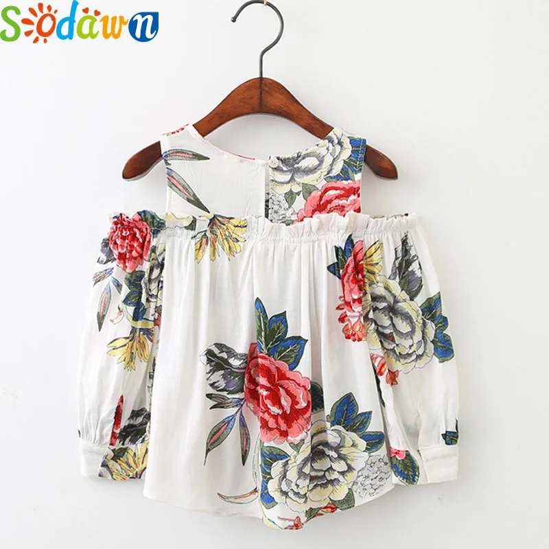Sodawn/Модная детская одежда, одежда для девочек, лето-осень, цветочный принт, с открытыми плечами, рубашка для девочек, детская одежда