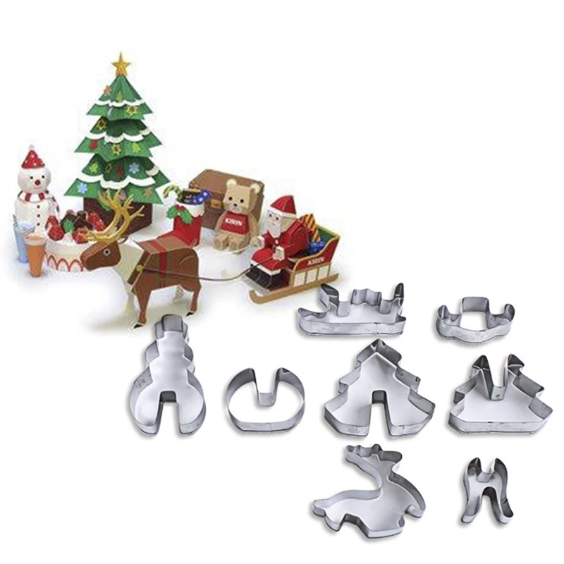 

8 Pcs/Set Stainless Steel Cake Dessert Cookie Mold 3D Christmas Tree Snowman Sleigh Elk Cookie Cutter Mould DIY Cookie Mold