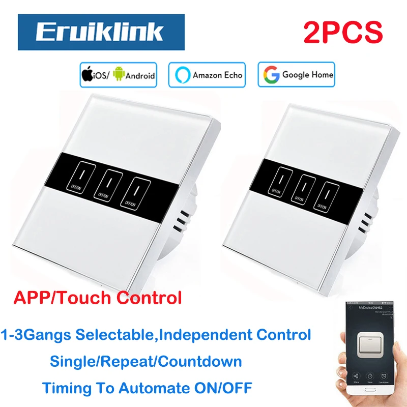 

2PCS Eruiklink EU Standard Wireless Control Light Touch Wall Switch, 3 Gang Wifi Control Switch via Android/IOS for Smart home