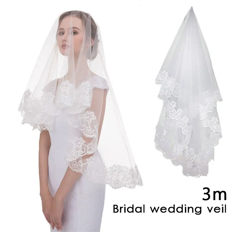 3м вуаль для невесты, элегантная свадебная фата для невесты, Прямая поставка, однослойная кружевная кромка, белый цвет, цвета слоновой кости, Декор