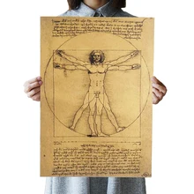 DLKKLB manuscrito Leonardo da Vinci Vitruvio hombre pósteres nostálgicos Vintage núcleo de papel Kraft pegatina de pared decorativa pintura