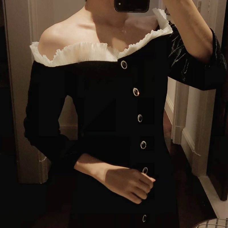 

Spring 2019 New Word Shoulder Style Socialite Style God Net Red Two-piece Set of Early Autumn Dress Sexy Black Dress Women