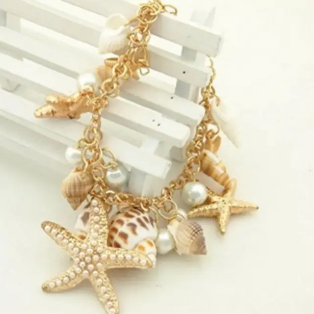 Ocean Multi Starfish Sea Star Conch Shell Pearl Chain Bracelet Bangle Charm D