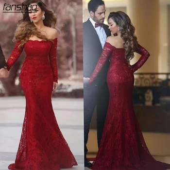 

Burgundy Mermaid Muslim Evening Dresses 2019 Long Sleeves Lace Islamic Dubai Saudi Arabic Long Evening Gown Prom Dress
