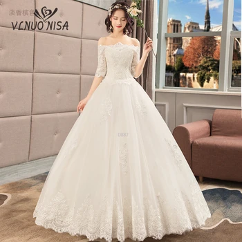 

2019 Boat neck White Lace Sleevs wedding Dresses Princess Bride Gowns Simple super fairy net Vestidos De Novia