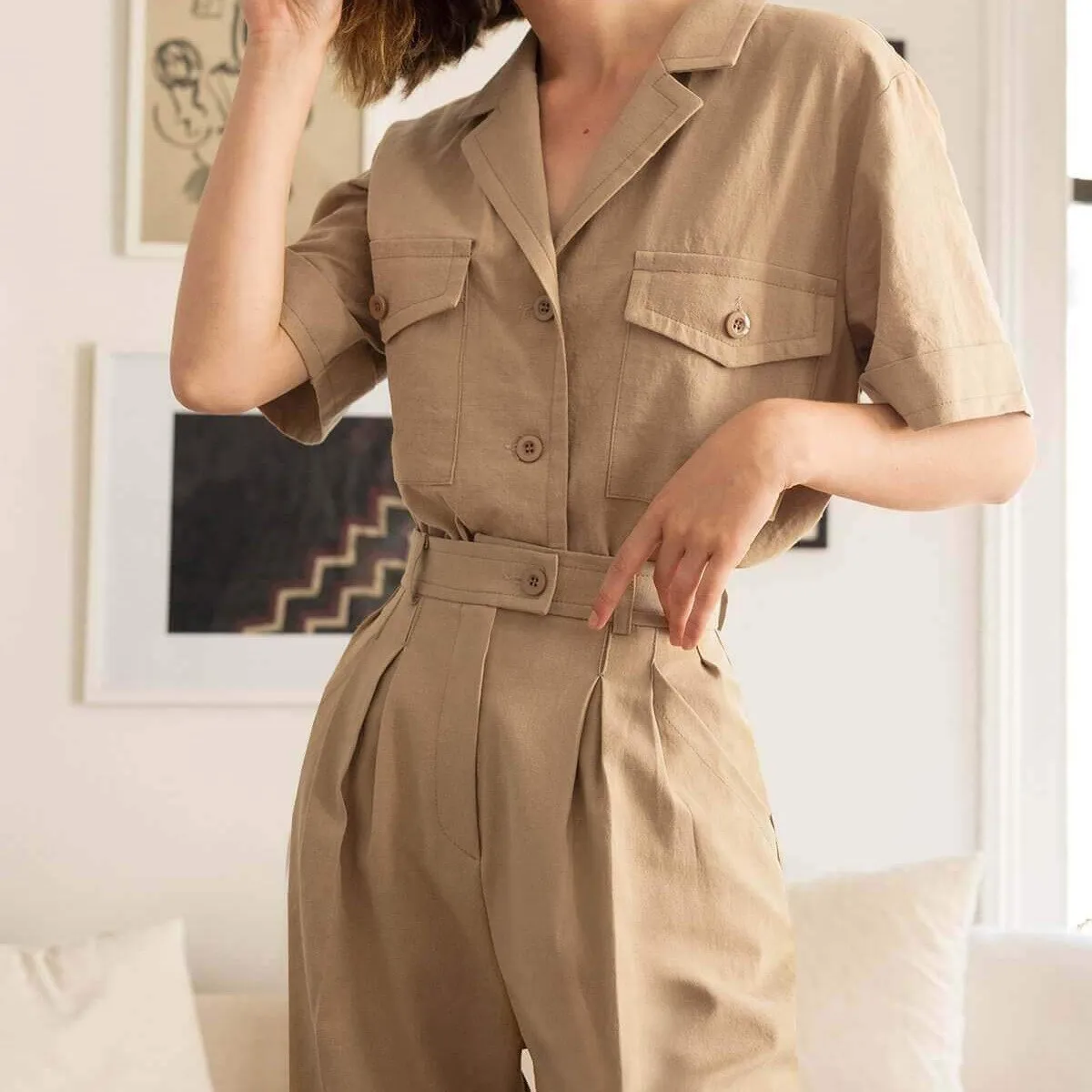 2019 Summer Women Solid Button Pocket Casual Pants New Ol Full Length Work Cargo Trousers Beige High Waist Harem Pants 2019 Summer Women Solid Button Pocket Casual Pants New Ol Full Length Work Cargo Trousers Beige High Waist Harem Pants