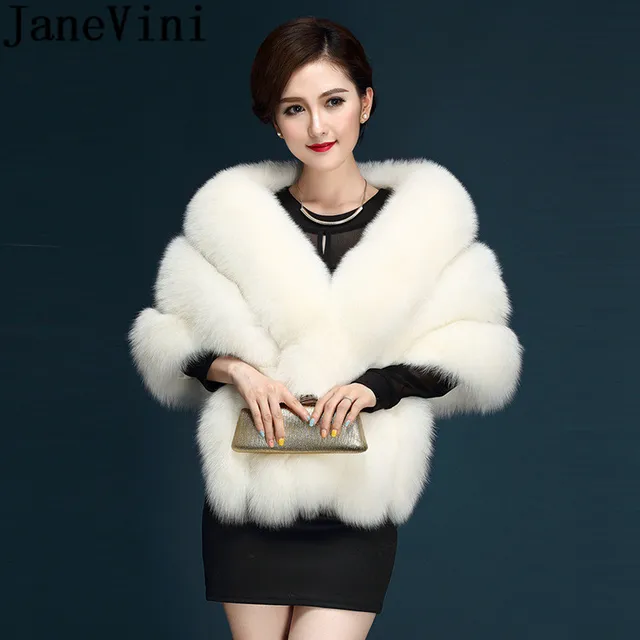Price JaneVini 2018 High Quality White Winter Bridal Faux Fur Wraps Bolero Women Warm Cloak Shawl Wedding Accessories Fourrure Blanche