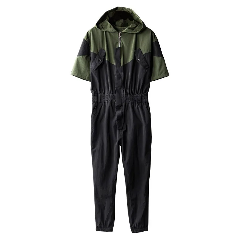 

Summer Jumpsuit Men Hip Hop Men's short Sleeve Bib Overalls Male Streetwear Baggy Cargo Overalls Hooded Loose Romper X9108