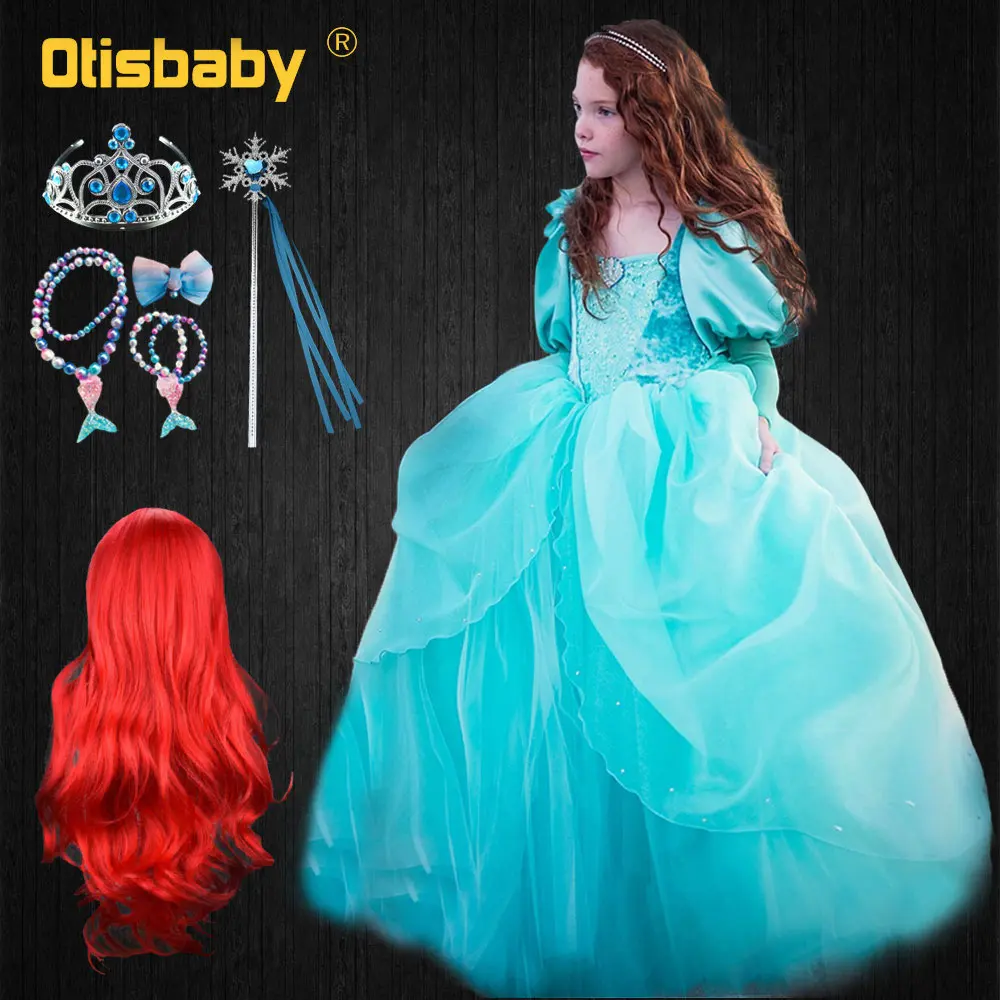 

New Birthday Party Little Mermaid Costume Kids Christmas Fancy Girls Princess Ariel Dress Long Sleeve Green Elegant Prom Dresses
