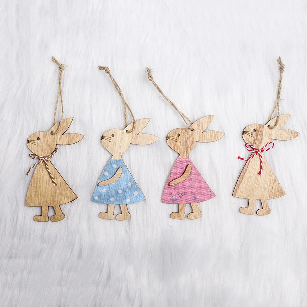 

4PCS/Set Cute Bunny Easter Rabbit Wooden Decoration DIY Wood Hanging Crafts Cute Bunny Easter Ornaments Party Decor Supplies