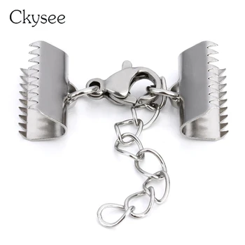 

10set Stainless Steel Flat End Fastener Clasps With Extender Chains Lobster Clasps Connectors Fit Leather Cord Jewelry Making