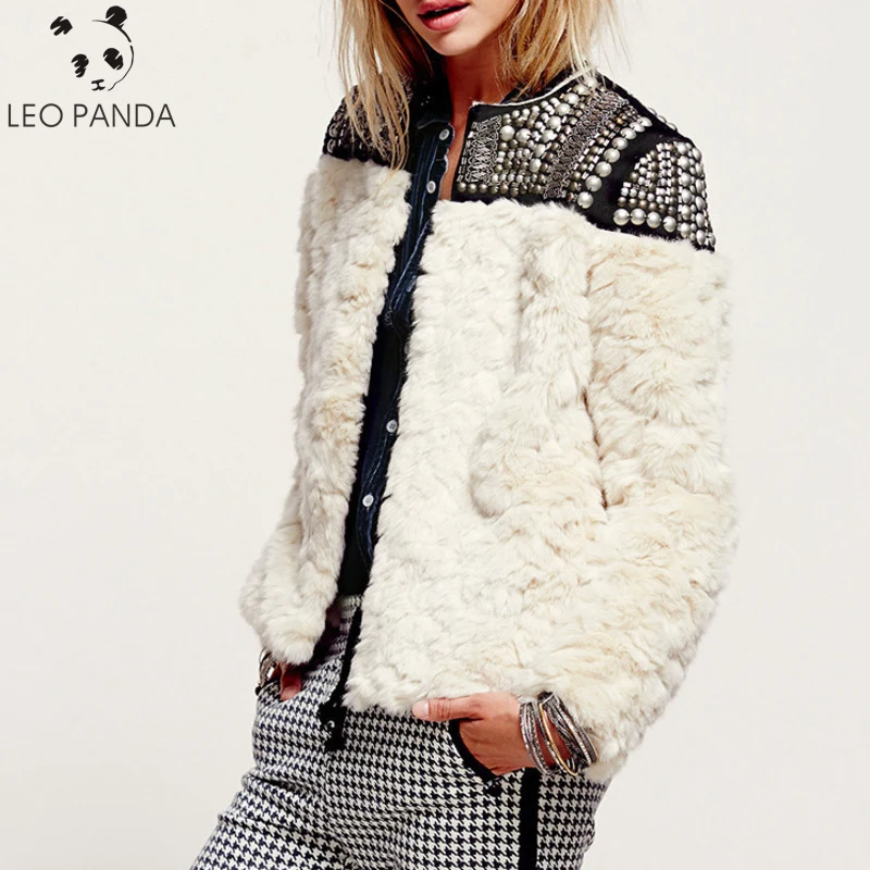 

2019 High Quality New Autumn Winter Rivet Patchwork Female's Rabbit Fur Coat Jaqueta Feminina Jacket