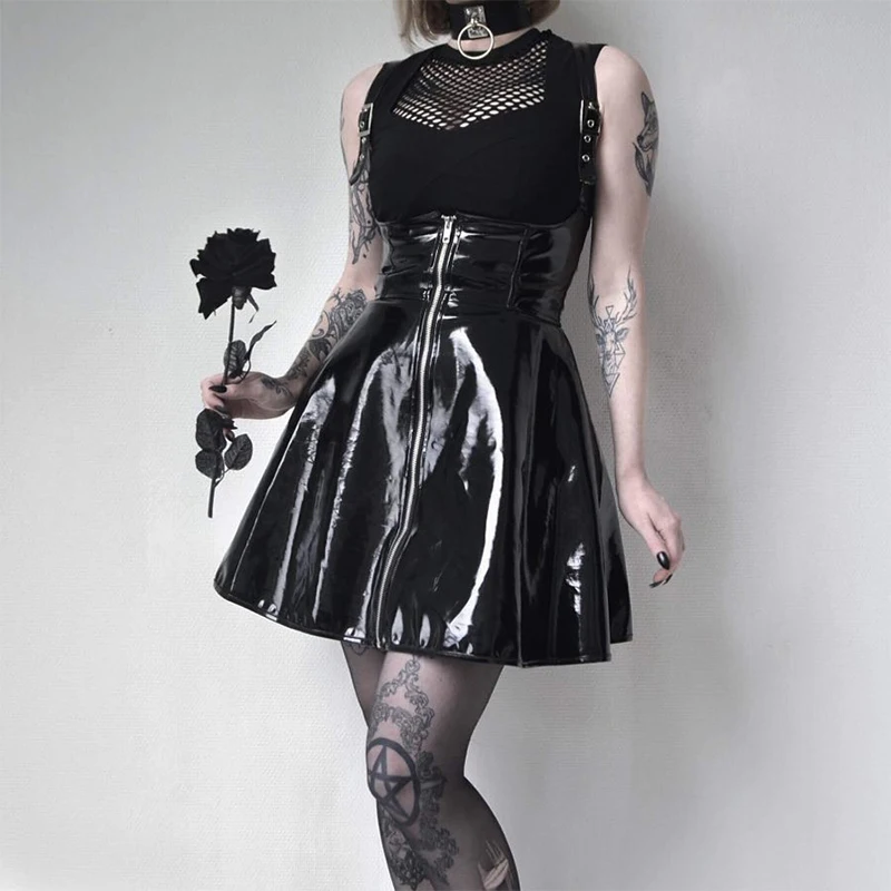 InsGoth Black Leather Skirts Women Gothic Streetwear High Waist Zipper Spaghetti Straps Short Skirts Lady Retro Party Mini Skirt