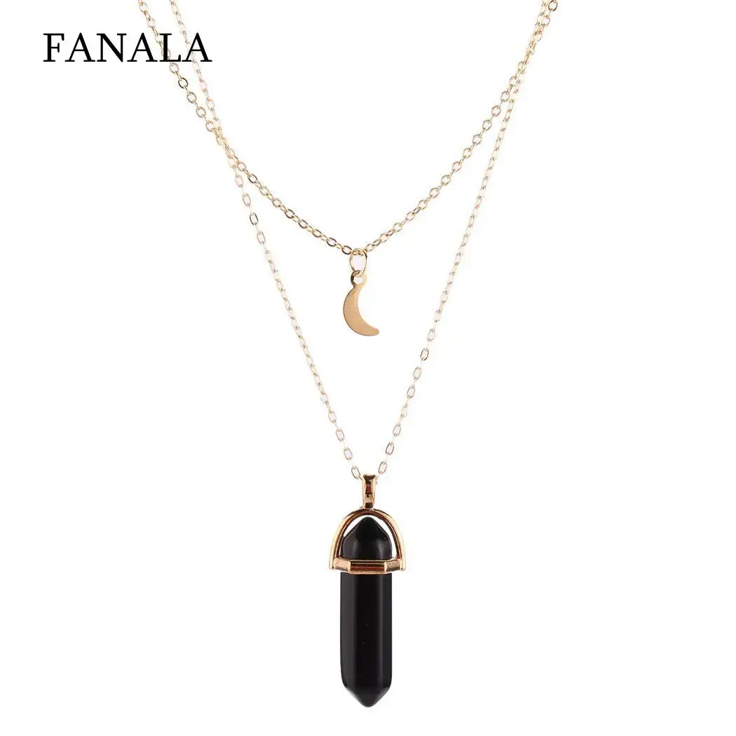 

Column Layer Pendants Hexagonal Crystal Chain Moon Necklaces Double Necklace