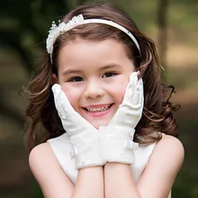 Детские Свадебные перчатки с жемчужным бантом и цветочным узором для девочек в европейском и американском стиле