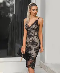 Пикантные чёрный; Коричневый Кружева вечерние платье Для женщин летом спагетти ремень облегающее кружевное платье миди платья повязки