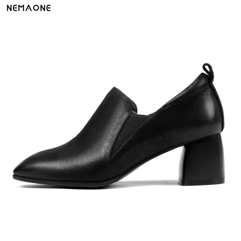 

NNEMAONE Large size 34-42 genuine leather square toe women high heel shoes thick heel spring women pumps girls shoes Sra zapato