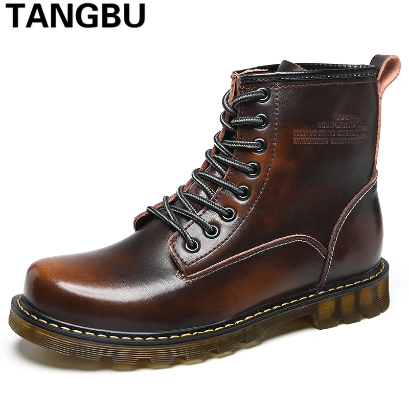 

Hot Sale Genuine Leather Martin Boots Lace Up Warm Plush Casual Men Boots Ankle Botas Fashion Men Motorcycles Boots Size 38-44