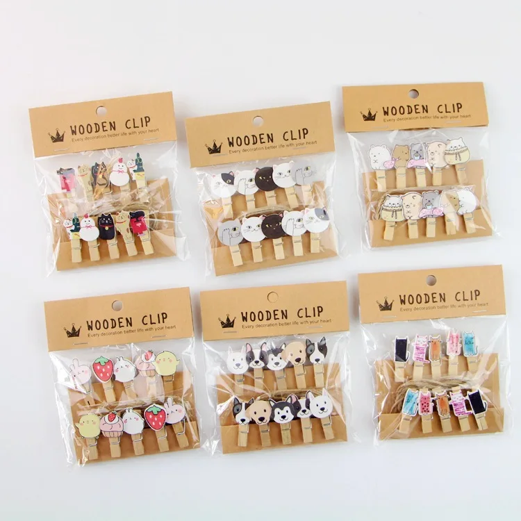 

10 Pcs/Lot Creative Cartoon Animal Wooden Clip with Hemp Rope Photo paper Clothespin Craft Clips Party Decoration Clip