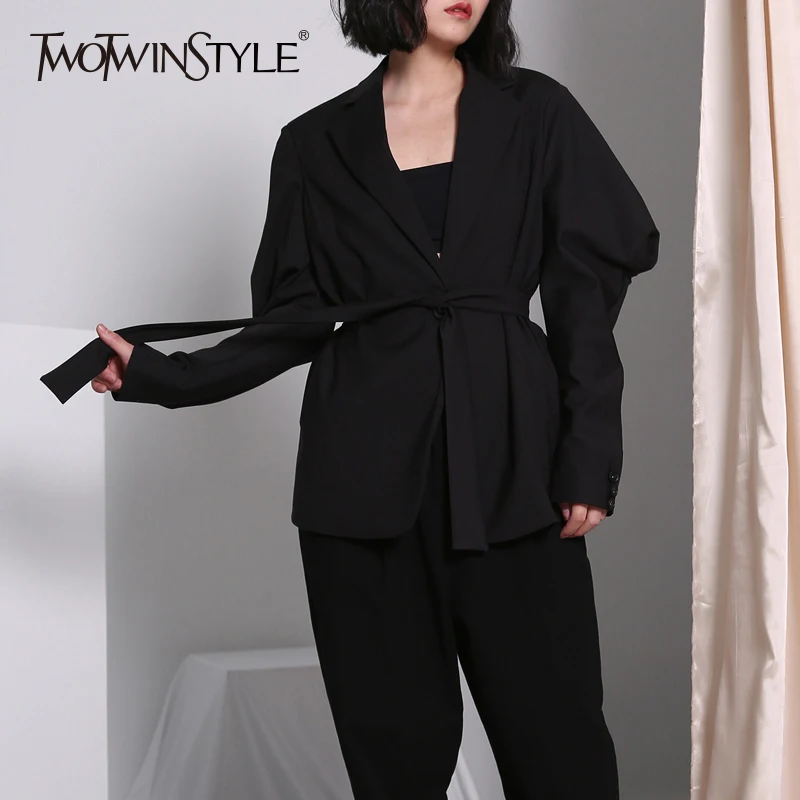 TWOTWINSTYLE Belt Coat Womens Puff Sleeve High Waist Black