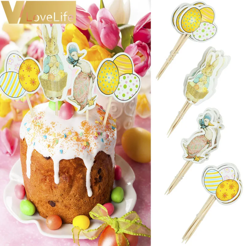 

24pcs/lot Easter Rabbit Eggs Cupcake Toppers Picks Birthday Party Decoration Kids Shower Boy Favors Cake Decoration