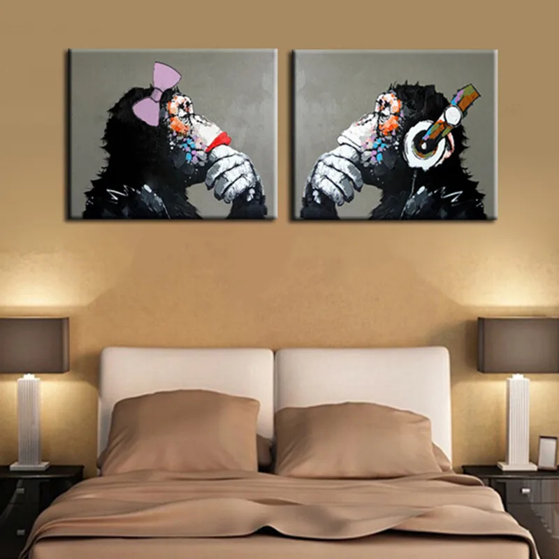 

Handmade 2 Panels Black Gorilla Pictures Modern Canvas Painting Handpainted Abstract Cartoon Oil Paintings Home Decor Wall Art