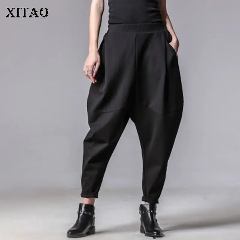 Skup XITAO Plus Size kobiety jesień spodnie zimowe osobowość w pasie czarne spodnie Harem fala casualowa ze splotem spodnie nowy XWW3091
