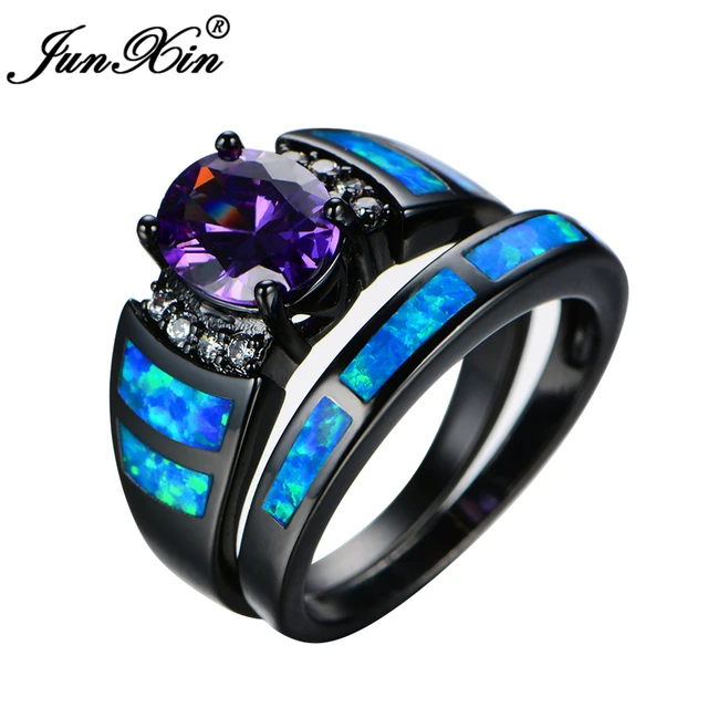 junxin fashion women purple ring set blue fire opal wedding ring