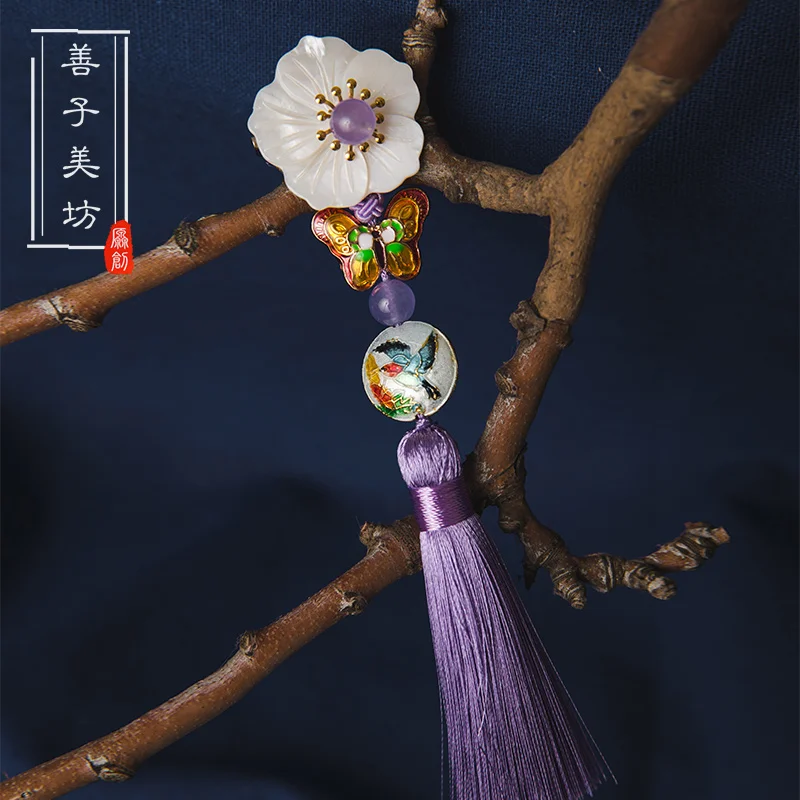 

Chinese style handmade vintage tassel Cloisonne shell brooch Japanese kimono/cheongsam accessories Pendant Dress decoration