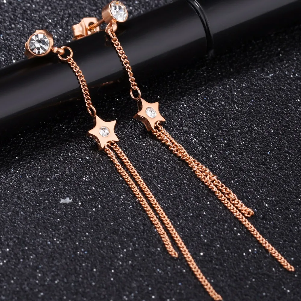 Fashion Crystal Long Tassel Earrings Stainless steel Star Rose Gold