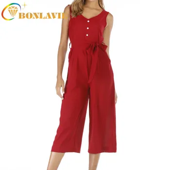 

Women Jumpsuit Ankle Length Mid Waist Straight Type Nylon Cloth Black Burgundy Dark Blue Color Size S To XL 2019 Sleevless Wear