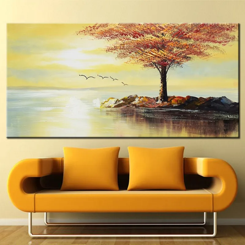 

Large Painting Ocean Trees Birds Scenery Pictures Hand Painted Abstract Landscape Oil Paintings on Canvas Home Decor Wall Art
