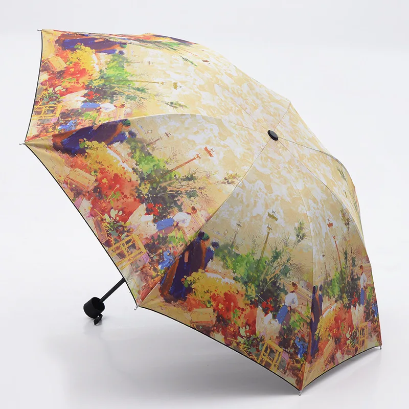 Online Pintura al óleo Europa paisaje patrón lluvia SOL paraguas, 3 plegable engrosamiento Anti UV moda abstracto arte diseño mujeres paraguas