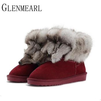

2019 New Fashion Fox Fur Womens Flats Boots Snow Boots Thick Bottom Plus Size 43 Genuine Leather Female Winter Boot Shoes XP15