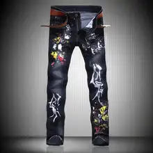 Hot Sale Fashion Print Jeans Black Slim Long Trousers